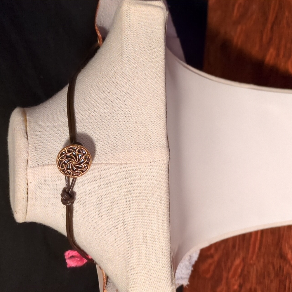 Handmade Genuine Leather Bib Statement Necklace Cream Gold #05 - Picture 6 of 8